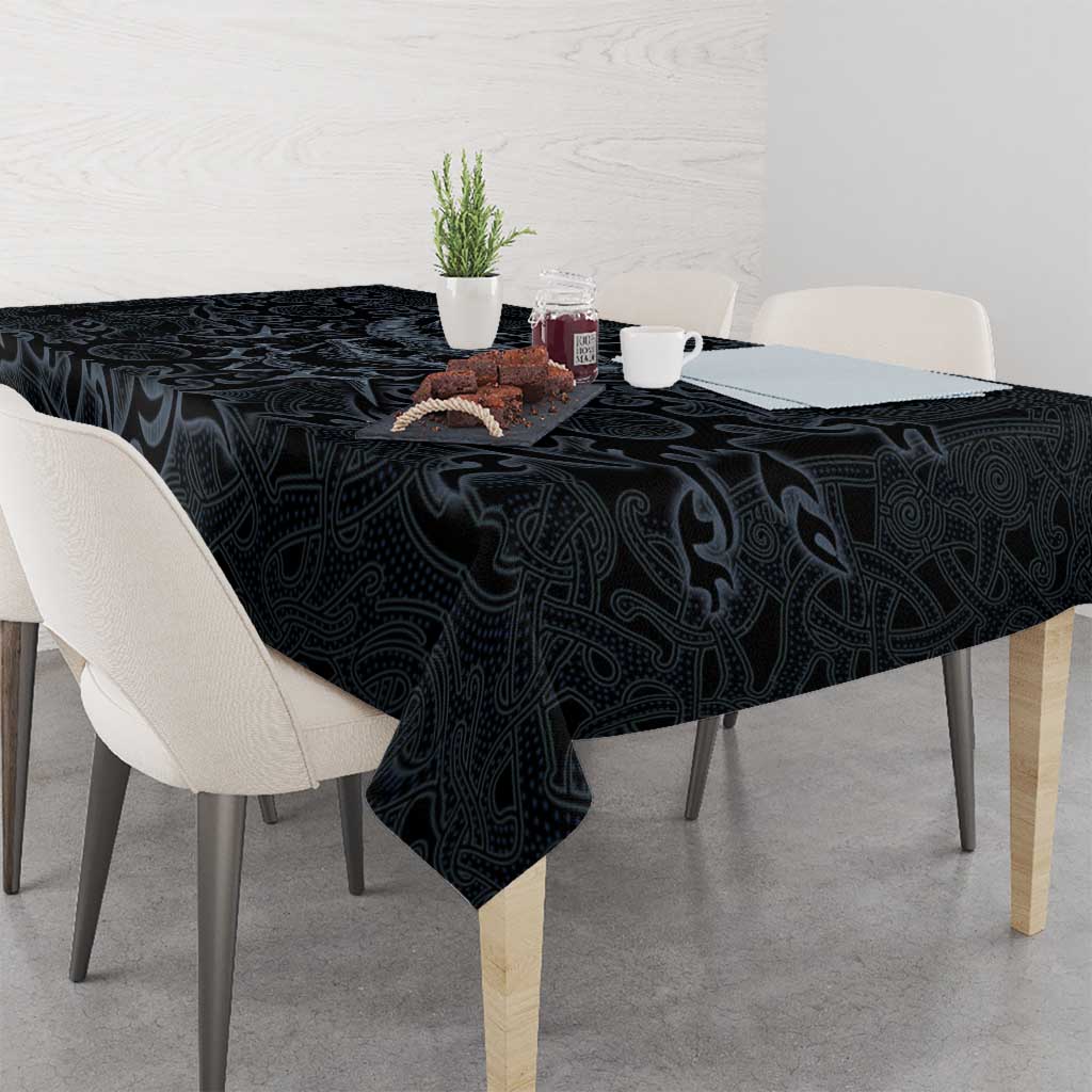 Viking Horned Skull and Raven Emblem Tablecloth Dark Nordic Tribal Grunge Illustration