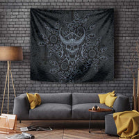 Viking Horned Skull and Raven Emblem Tapestry Dark Nordic Tribal Grunge Illustration