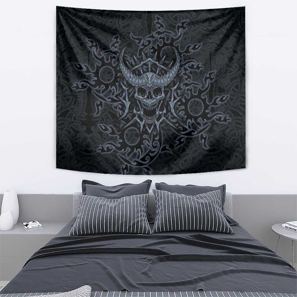 Viking Horned Skull and Raven Emblem Tapestry Dark Nordic Tribal Grunge Illustration