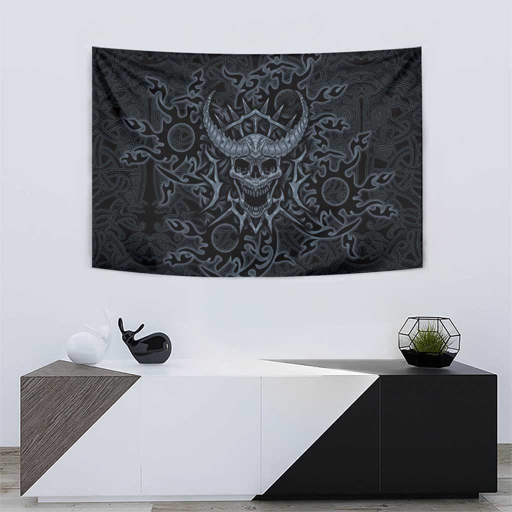 Viking Horned Skull and Raven Emblem Tapestry Dark Nordic Tribal Grunge Illustration