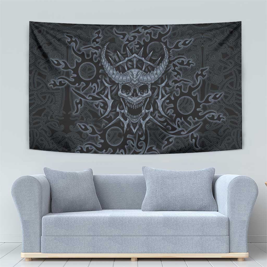 Viking Horned Skull and Raven Emblem Tapestry Dark Nordic Tribal Grunge Illustration