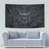 Viking Horned Skull and Raven Emblem Tapestry Dark Nordic Tribal Grunge Illustration