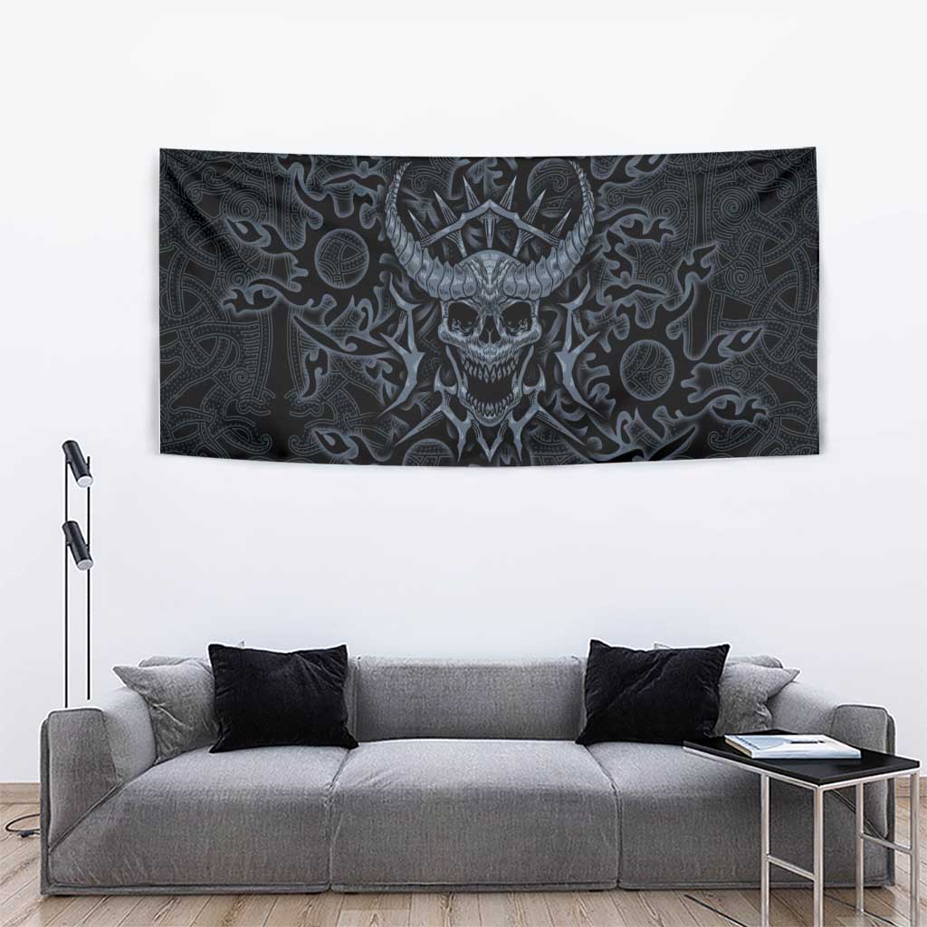 Viking Horned Skull and Raven Emblem Tapestry Dark Nordic Tribal Grunge Illustration