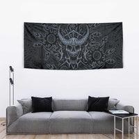 Viking Horned Skull and Raven Emblem Tapestry Dark Nordic Tribal Grunge Illustration