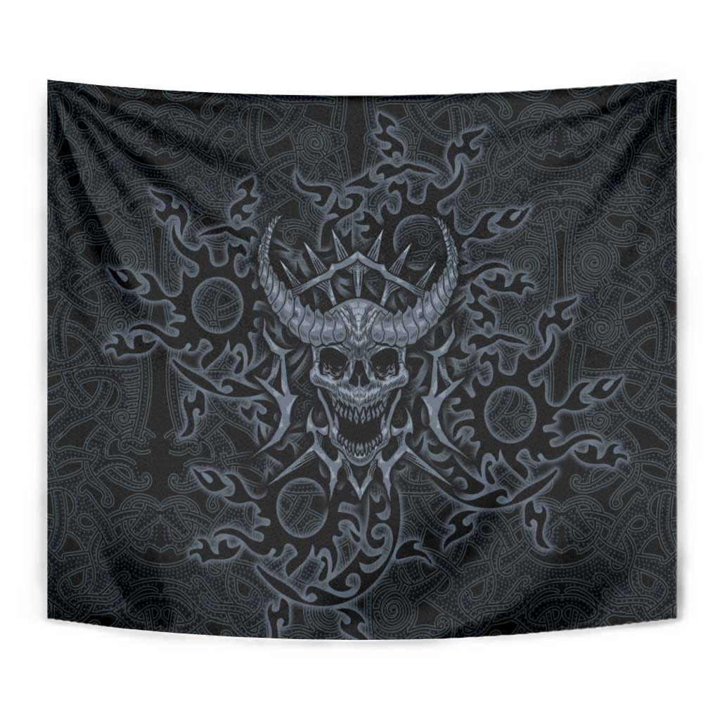 Viking Horned Skull and Raven Emblem Tapestry Dark Nordic Tribal Grunge Illustration