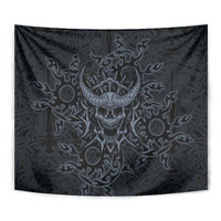 Viking Horned Skull and Raven Emblem Tapestry Dark Nordic Tribal Grunge Illustration