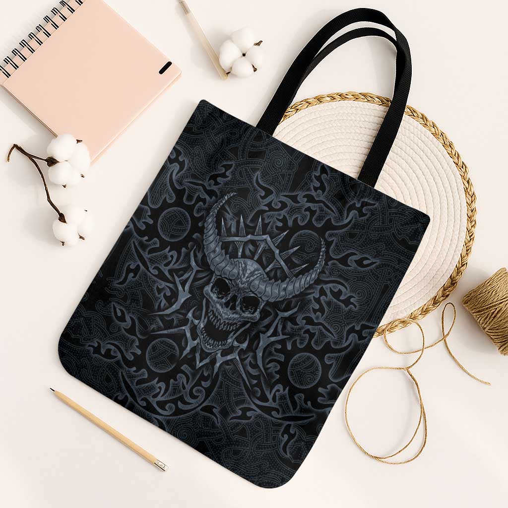 Viking Horned Skull and Raven Emblem Tote Bag Dark Nordic Tribal Grunge Illustration