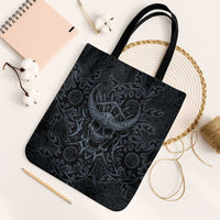Viking Horned Skull and Raven Emblem Tote Bag Dark Nordic Tribal Grunge Illustration