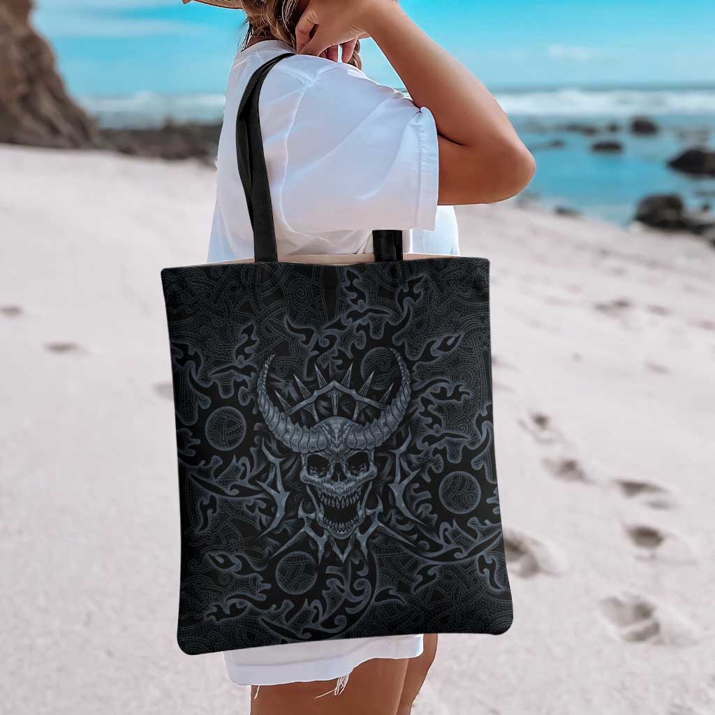 Viking Horned Skull and Raven Emblem Tote Bag Dark Nordic Tribal Grunge Illustration
