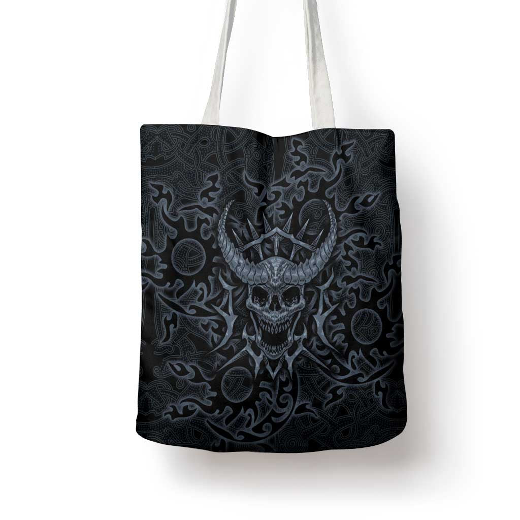 Viking Horned Skull and Raven Emblem Tote Bag Dark Nordic Tribal Grunge Illustration