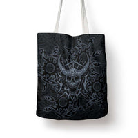 Viking Horned Skull and Raven Emblem Tote Bag Dark Nordic Tribal Grunge Illustration