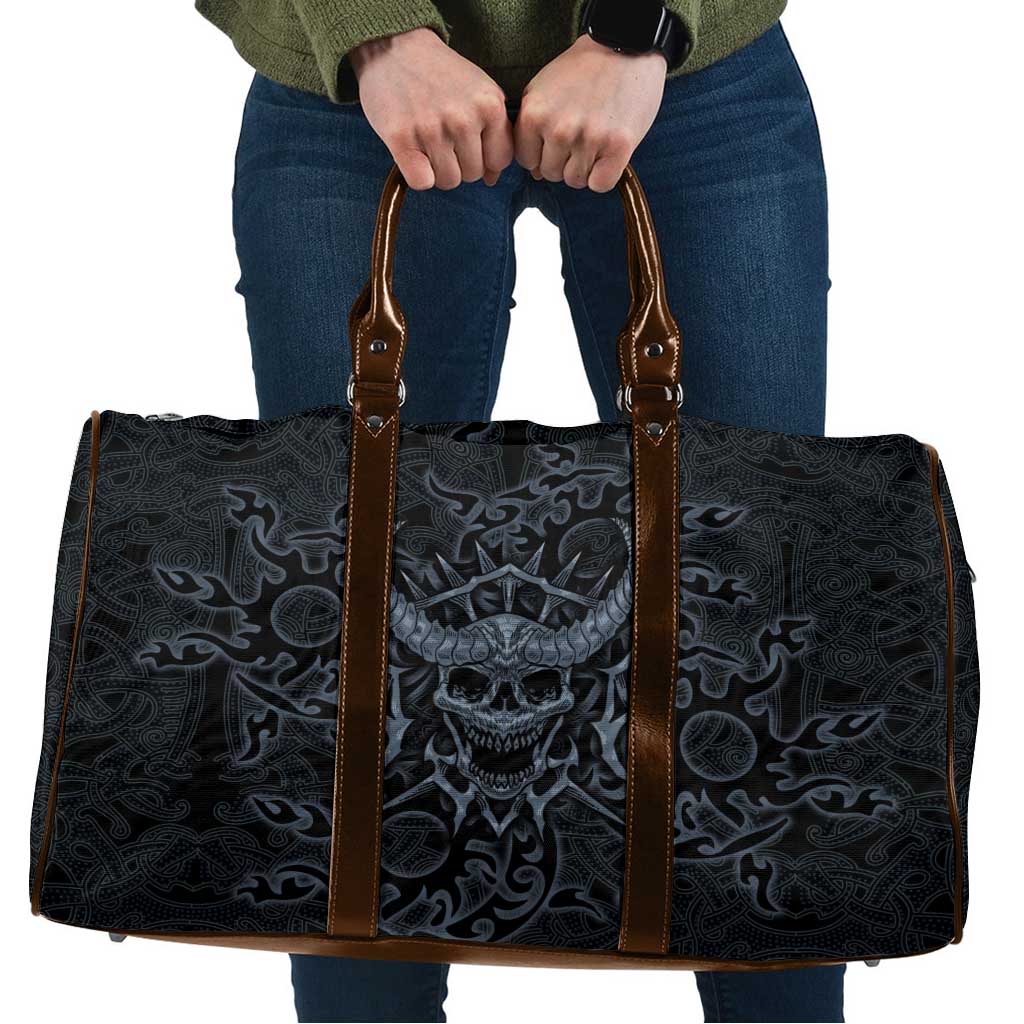 Viking Horned Skull and Raven Emblem Travel Bag Dark Nordic Tribal Grunge Illustration