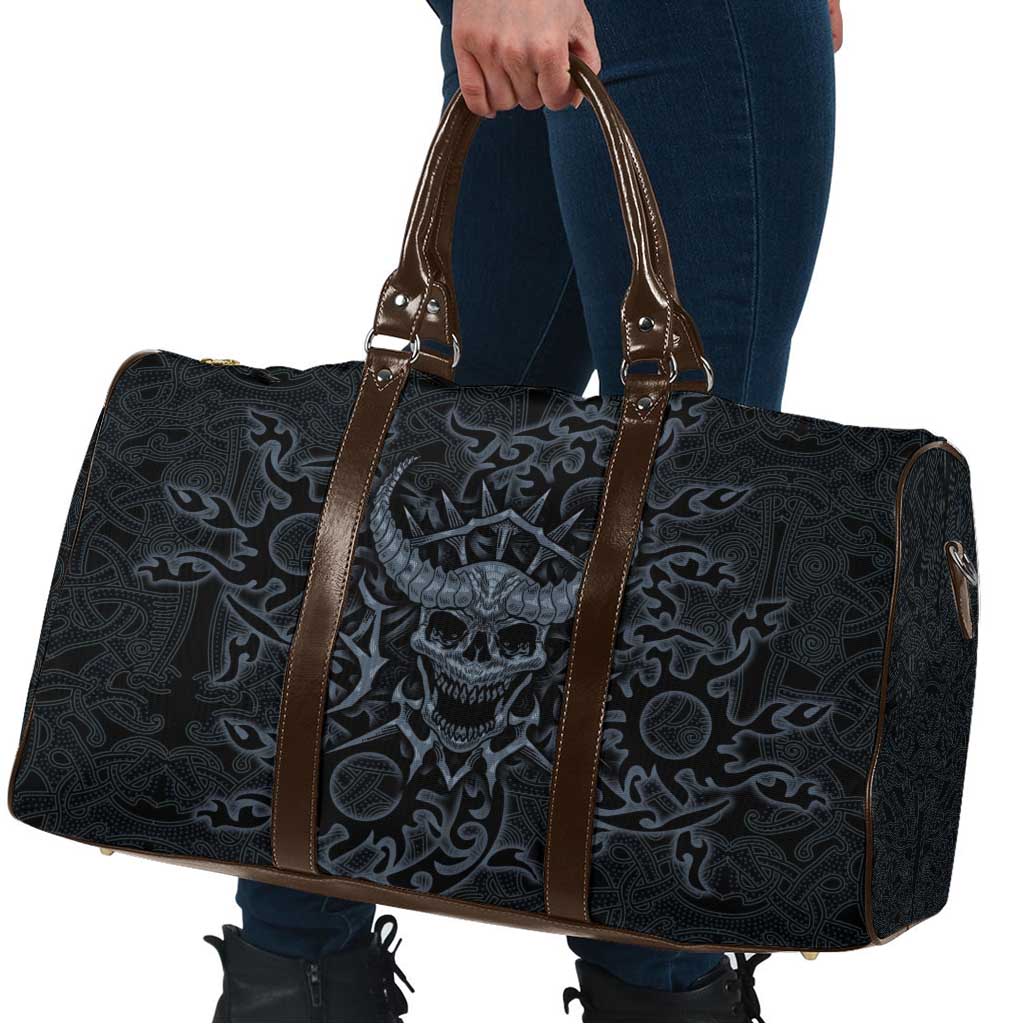 Viking Horned Skull and Raven Emblem Travel Bag Dark Nordic Tribal Grunge Illustration