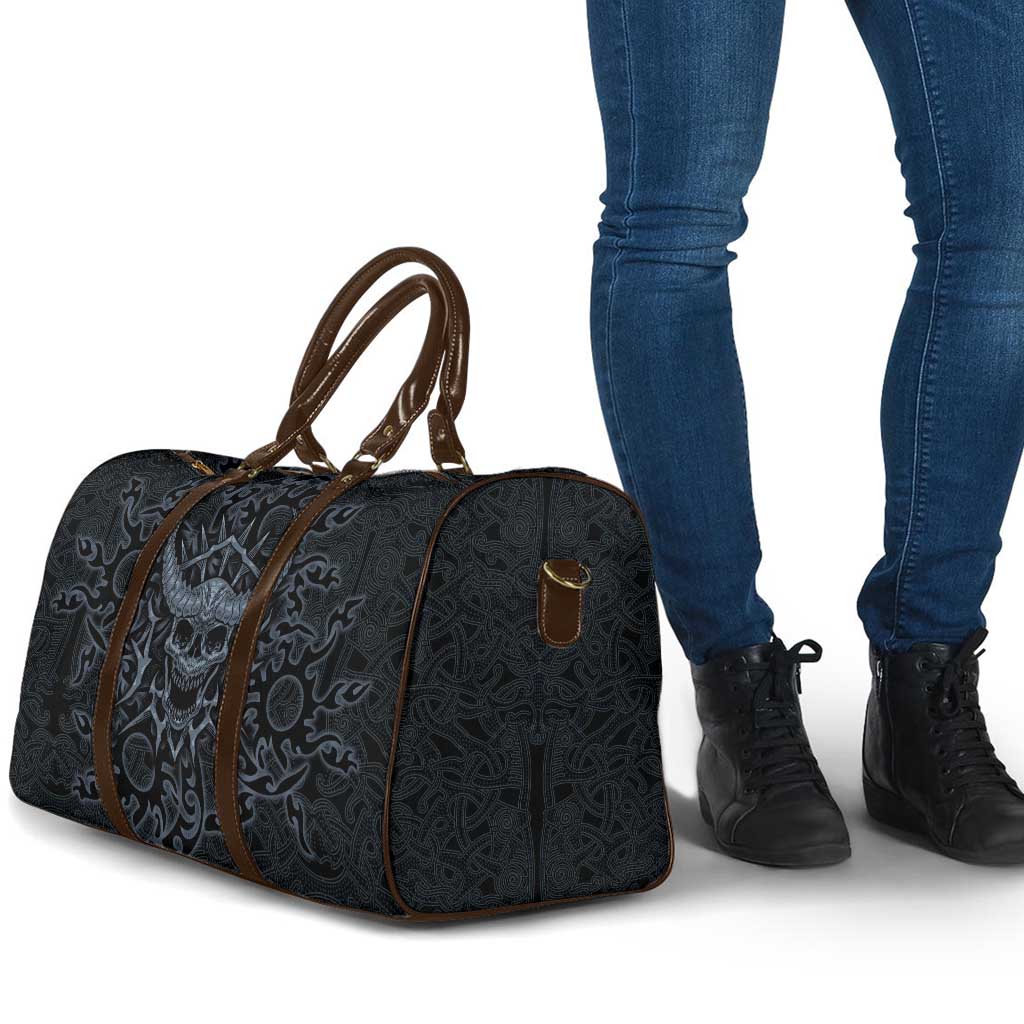 Viking Horned Skull and Raven Emblem Travel Bag Dark Nordic Tribal Grunge Illustration