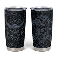 Viking Horned Skull and Raven Emblem Tumbler Cup Dark Nordic Tribal Grunge Illustration