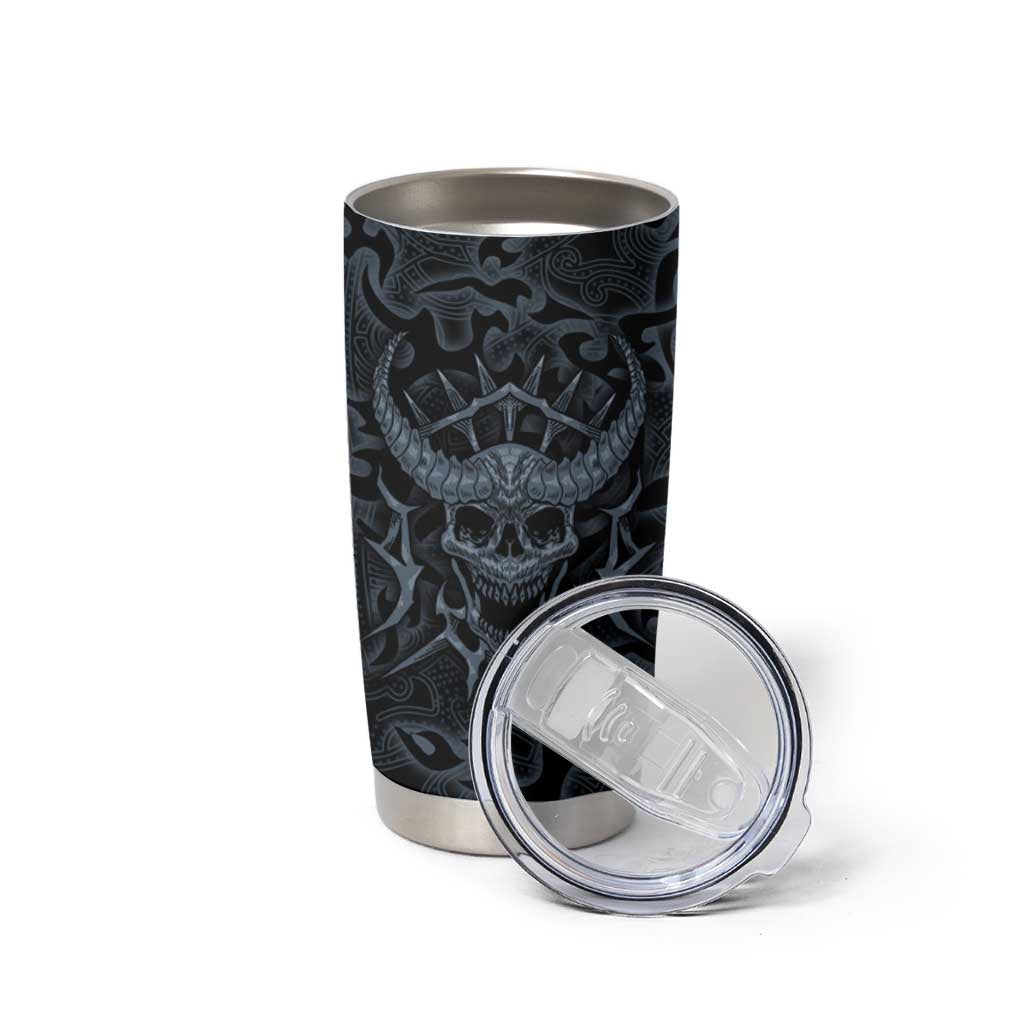 Viking Horned Skull and Raven Emblem Tumbler Cup Dark Nordic Tribal Grunge Illustration