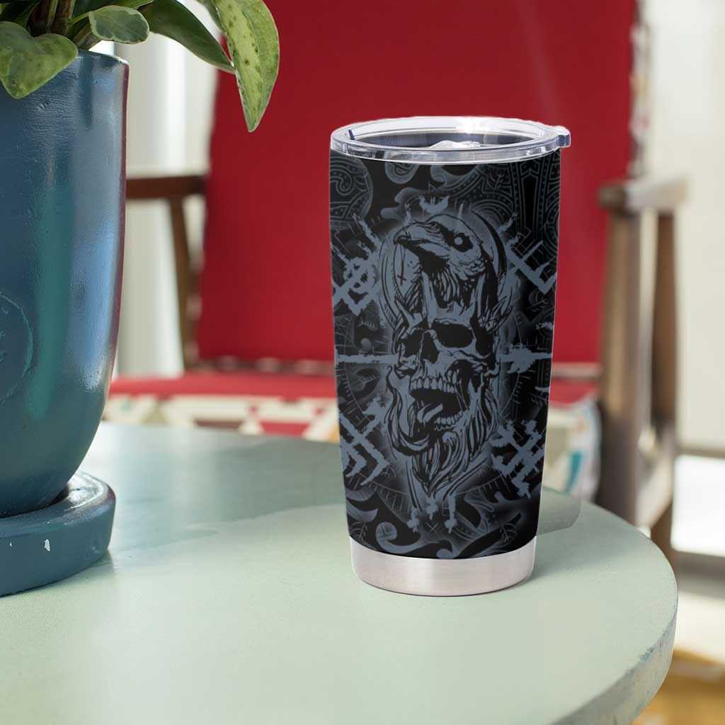 Viking Horned Skull and Raven Emblem Tumbler Cup Dark Nordic Tribal Grunge Illustration