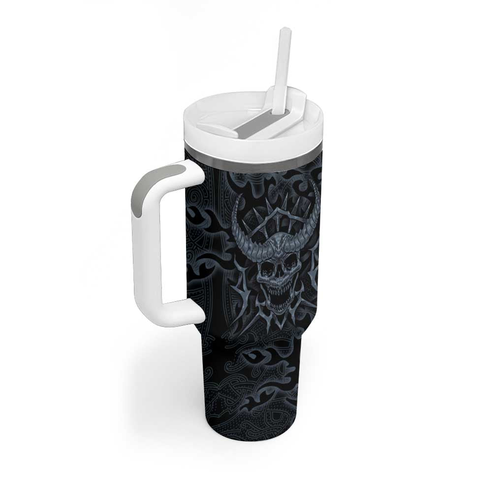 Viking Horned Skull and Raven Emblem Tumbler With Handle Dark Nordic Tribal Grunge Illustration