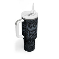 Viking Horned Skull and Raven Emblem Tumbler With Handle Dark Nordic Tribal Grunge Illustration