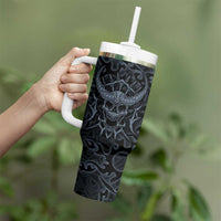 Viking Horned Skull and Raven Emblem Tumbler With Handle Dark Nordic Tribal Grunge Illustration