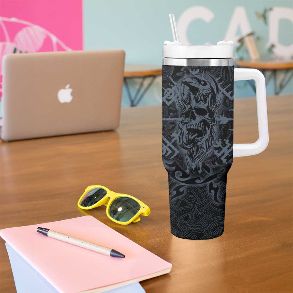 Viking Horned Skull and Raven Emblem Tumbler With Handle Dark Nordic Tribal Grunge Illustration