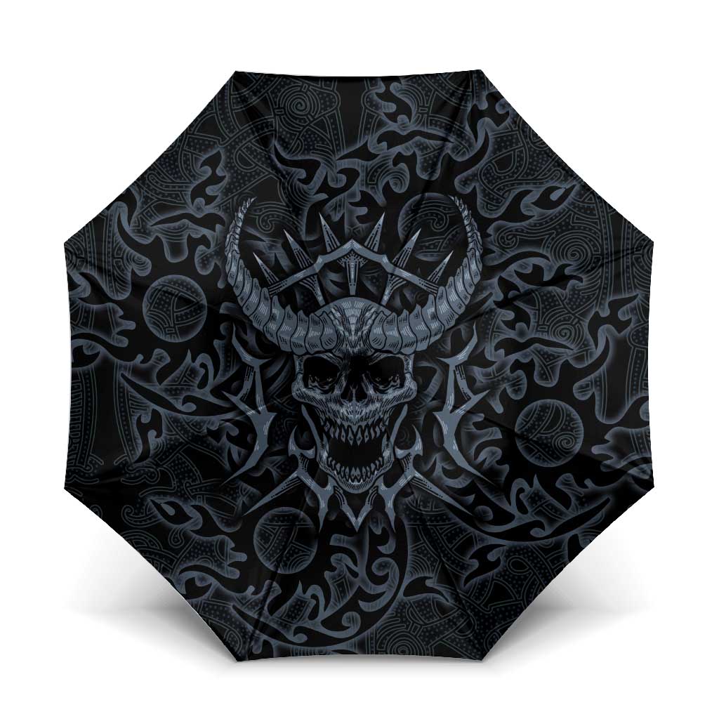 Viking Horned Skull and Raven Emblem Umbrella Dark Nordic Tribal Grunge Illustration