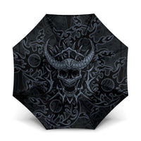 Viking Horned Skull and Raven Emblem Umbrella Dark Nordic Tribal Grunge Illustration