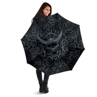 Viking Horned Skull and Raven Emblem Umbrella Dark Nordic Tribal Grunge Illustration