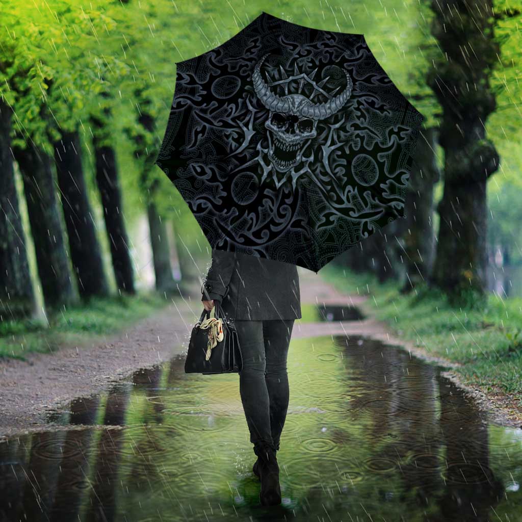Viking Horned Skull and Raven Emblem Umbrella Dark Nordic Tribal Grunge Illustration