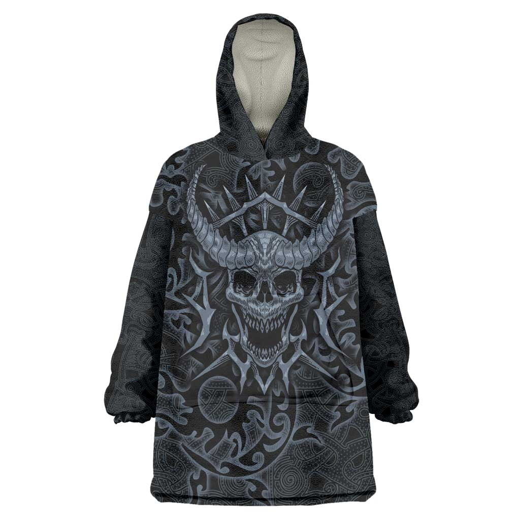 Viking Horned Skull and Raven Emblem Wearable Blanket Hoodie Dark Nordic Tribal Grunge Illustration