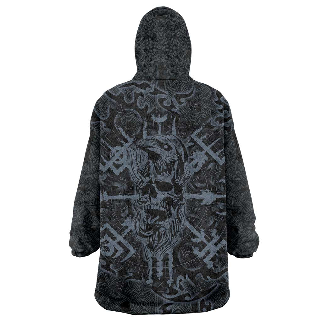 Viking Horned Skull and Raven Emblem Wearable Blanket Hoodie Dark Nordic Tribal Grunge Illustration