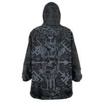 Viking Horned Skull and Raven Emblem Wearable Blanket Hoodie Dark Nordic Tribal Grunge Illustration