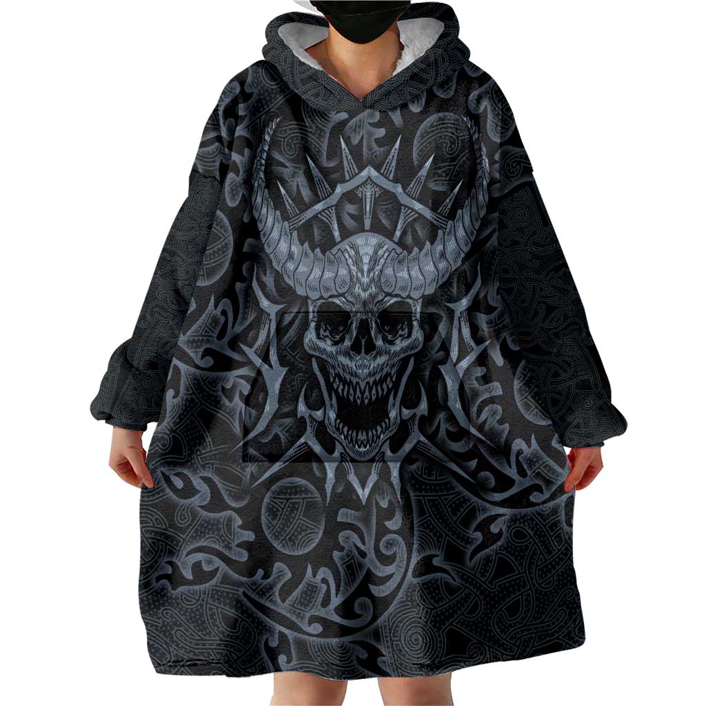 Viking Horned Skull and Raven Emblem Wearable Blanket Hoodie Dark Nordic Tribal Grunge Illustration