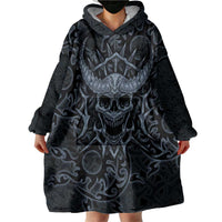 Viking Horned Skull and Raven Emblem Wearable Blanket Hoodie Dark Nordic Tribal Grunge Illustration