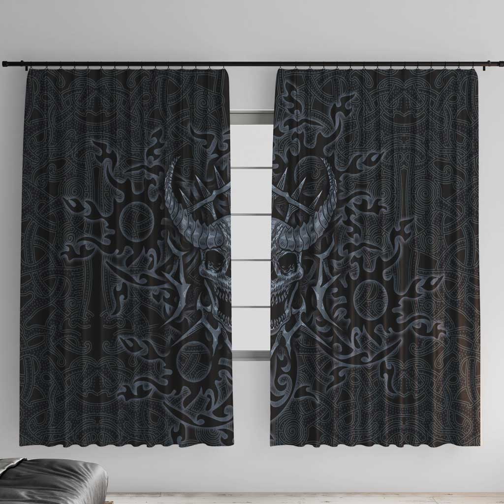 Viking Horned Skull and Raven Emblem Window Curtain Dark Nordic Tribal Grunge Illustration
