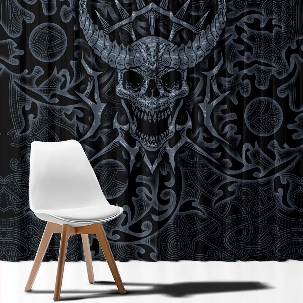 Viking Horned Skull and Raven Emblem Window Curtain Dark Nordic Tribal Grunge Illustration