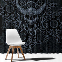 Viking Horned Skull and Raven Emblem Window Curtain Dark Nordic Tribal Grunge Illustration
