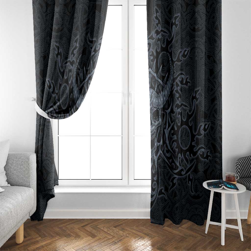 Viking Horned Skull and Raven Emblem Window Curtain Dark Nordic Tribal Grunge Illustration