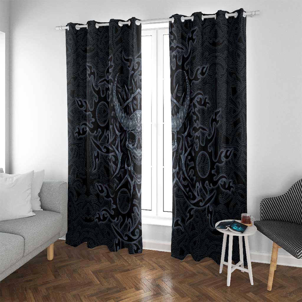Viking Horned Skull and Raven Emblem Window Curtain Dark Nordic Tribal Grunge Illustration