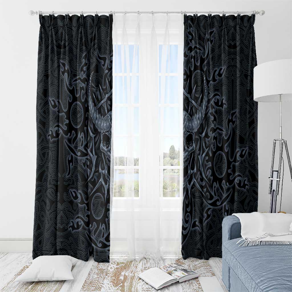 Viking Horned Skull and Raven Emblem Window Curtain Dark Nordic Tribal Grunge Illustration