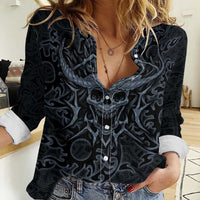 Viking Horned Skull and Raven Emblem Women Casual Shirt Dark Nordic Tribal Grunge Illustration
