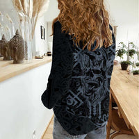 Viking Horned Skull and Raven Emblem Women Casual Shirt Dark Nordic Tribal Grunge Illustration