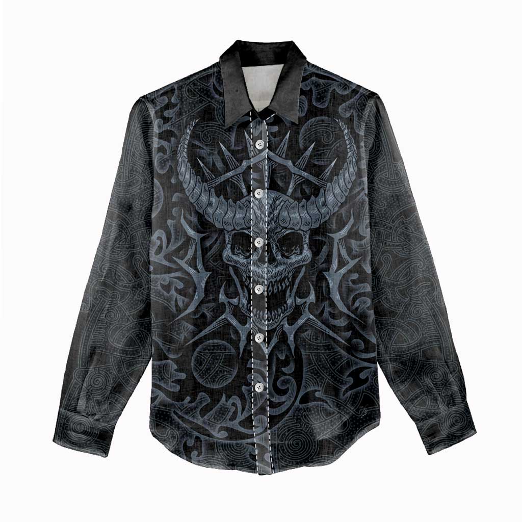 Viking Horned Skull and Raven Emblem Women Casual Shirt Dark Nordic Tribal Grunge Illustration