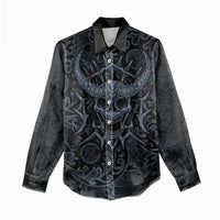 Viking Horned Skull and Raven Emblem Women Casual Shirt Dark Nordic Tribal Grunge Illustration