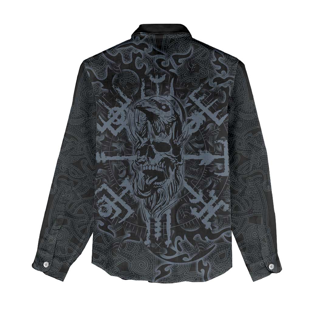 Viking Horned Skull and Raven Emblem Women Casual Shirt Dark Nordic Tribal Grunge Illustration