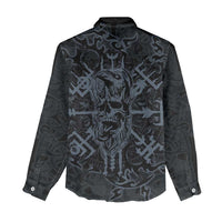 Viking Horned Skull and Raven Emblem Women Casual Shirt Dark Nordic Tribal Grunge Illustration