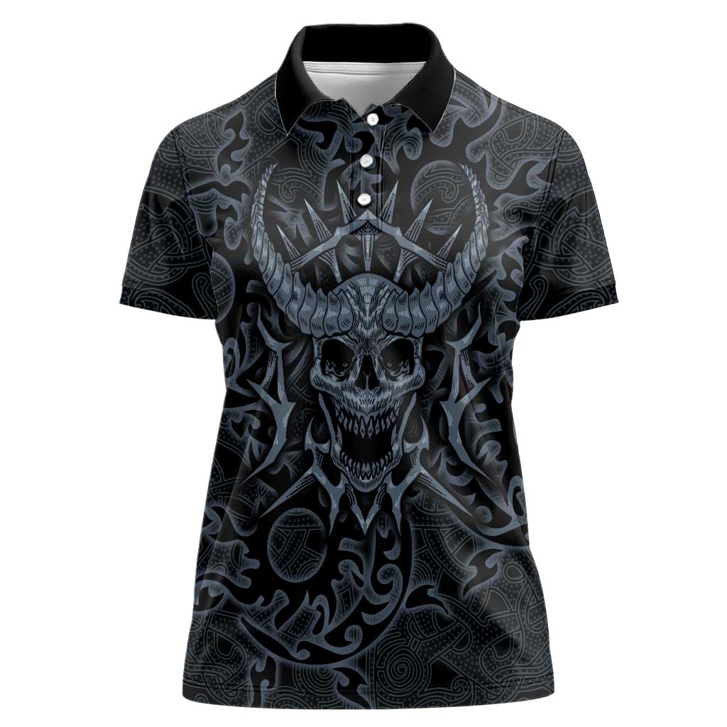 Viking Horned Skull and Raven Emblem Women Polo Shirt Dark Nordic Tribal Grunge Illustration