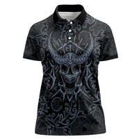 Viking Horned Skull and Raven Emblem Women Polo Shirt Dark Nordic Tribal Grunge Illustration