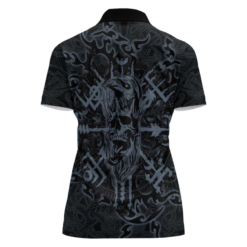 Viking Horned Skull and Raven Emblem Women Polo Shirt Dark Nordic Tribal Grunge Illustration