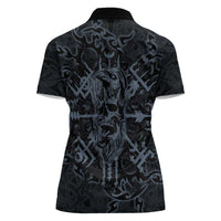 Viking Horned Skull and Raven Emblem Women Polo Shirt Dark Nordic Tribal Grunge Illustration
